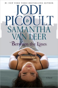 Cover of "Between the Lines," featuring a girl laying on her back on a bed with her head hanging off the side, holding a book to her chest