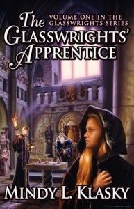 Cover of "The Glasswrights' Apprentice," featuring a person with long blond hair in a black hooded cloak staring uneasily at an ornate throne room