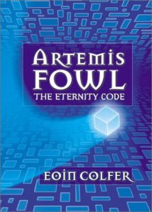 Cover of "The Eternity Code," featuring a glowing cube moving between two planes of blue rectangles that extend back out of sight