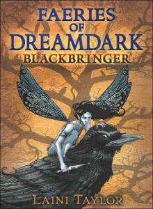 Cover of "Blackbringer," featuring a fairy holding a knife crouching on the back of a crow with the silhouette of a tree in the background