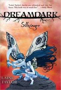 Cover of "Silksinger," featuring two fairies, a female with long dark hair and small wings and a male with large wings holding a sword, crouching on a rock