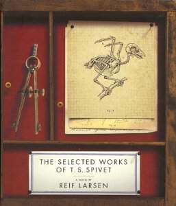 Cover of "The Selected Works of T.S. Spivet," featuring a detailed drawing of a bird skeleton and an old-fashioned compass for drawing circles