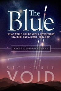Cover of "The Blue," featuring a rocket ship taking off into space from a cluster of mountains