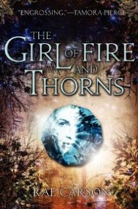 Cover of "The Girl of Fire and Thorns," featuring a large light blue gemstone with a face partially reflected in it