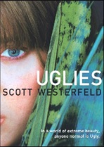Cover of "Uglies," featuring half of a face with blue eyes and brown bangs; the other half has large leaves like the person is hiding behind them