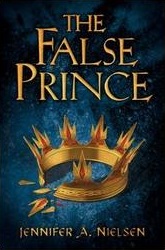 Cover of "The False Prince," featuring a broken golden crown on a dark blue background