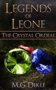Cover of "the Crystal Ordeal," featuring three gemstones (blue, green, and red) on a dark background