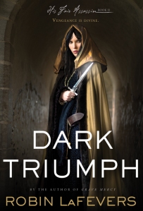 Cover of "Dark Triumph," featuring a girl in a tan cloak holding a sword with the title in white text