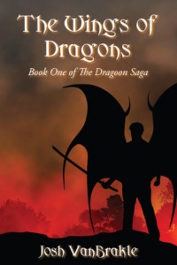 Cover of "The Wings of Dragons," featuring the silhouette of a person with dragon wings holding a sword against a background of red smoke