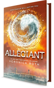Cover of "Allegiant," featuring a background of red clouds with an ocean wave curling in a complete circle above the title text
