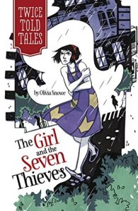 Cover of "The Girl and the Seven Thieves," featuring a drawing of a black-haired girl walking away from an apartment building and holding her arms like she's cold; wind is blowing her dress and it's raining