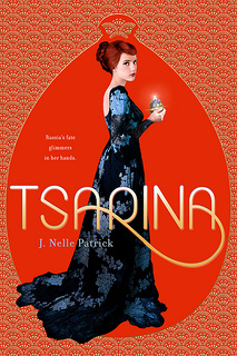 Cover of "Tsarina," featuring a redheaded woman in a blue and black dress holding a faberge egg on a red background