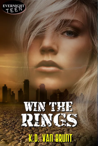 Cover of "Win the Rings," featuring a person's face superimposed over the image of a desert with a city skyline in the background
