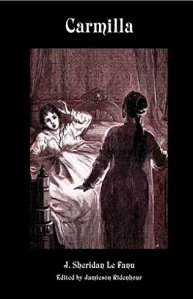 Cover of "Carmilla," featuring a black and white drawing of a girl in bed, looking at horror at another girl standing in the doorway with her back to the viewer.