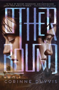 Cover of "Otherbound," Featuring pink and purple text in front of two faces, mostly in darkness, facing opposite directions