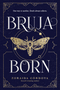 Cover of "Bruja Born," featuring a line drawing of a golden moth on a dark background