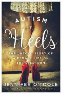 Cover of "Autism in Heels," featuring a photograph from the waist down of someone wearing a mid-thigh-length skirt and red high heels