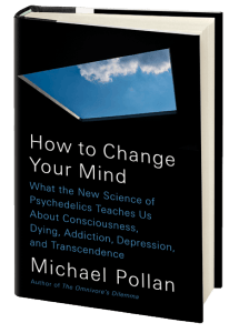Cover of "How to Change Your Mind," featuring a completely black cover except for white text and a skylight showing a square of blue sky with a white cloud