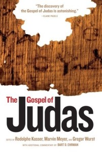 Cover of "The Gospel of Judas," featuring an image of a scrap of papyrus with Coptic characters written on it.