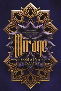 Cover of "Mirage," featuring a gold mandala-like symetrical design on a purple background.