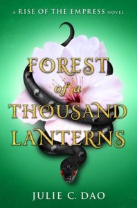Cover of "Forest of a Thousand Lanterns," featuring a dark snake wound around a pale pink flower on a green background.