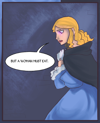 Panel from "Heartless," featuring a blond girl with red eyes and vampire fangs holding a cloak around her shoulders. A speech bubble says, "But a woman must eat."