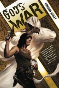 Cover of "God's War," featuring a brown-skinned woman holding a gun facing to the right. Behind her a figure obscured in a white cloak with a hood faces to the left.