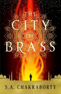 Cover of "The City of Brass," featuring a single silhouetted figure in the distance with fire leaping from them up into the sky and a mandala design behind the title.