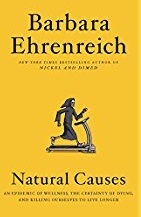 Cover of "Natural Causes," featuring a drawing of a Grim Reaper running on a treadmill with a yellow background.
