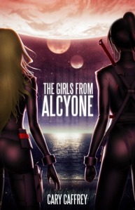 Cover of the book, featuring an artistic rendering of two girls seen from behind in skin-tight bodysuits, one with long blond hair and the other with dark hair up in a high ponytail; they are looking across water to two moons in the sky.