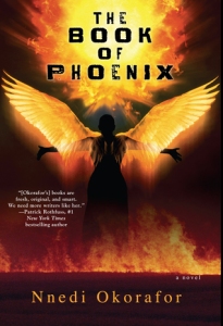 Cover of the book, featuring the silhouette of a bald woman with glowing orange wings; the ground burns below her and the sky above her blazes with what might be bright light or an explosion of flames.