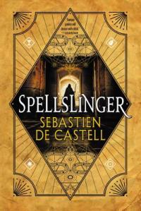 Cover of the book, featuring an image of a person in a dark cloak standing in front of an open door, backlit by golden light - the image is enclosed in a diamond shape and the rest of the cover is gold with dark rune-like lines.