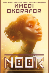 Cover of the book, featuring a dark-skinned woman with braids pulled back behind her hair and a round silver piece of technology set into her forehead.