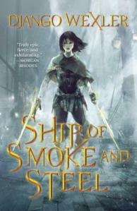 Cover of the book, featuring a girl with short dark hair and two green energy blades coming out of her wrists standing on a sheet of dark metal with two ships behind her.