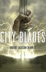 Cover of the book, featuring a hand grasping the blade of a sword surrounded by lighting in the sky above a harbor surrounded by steep cliffs.