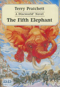 Cover of the book, featuring a giant red elephant plunging out of the sky towards an indistinct group of people (or possibly people and animals) on the ground below.
